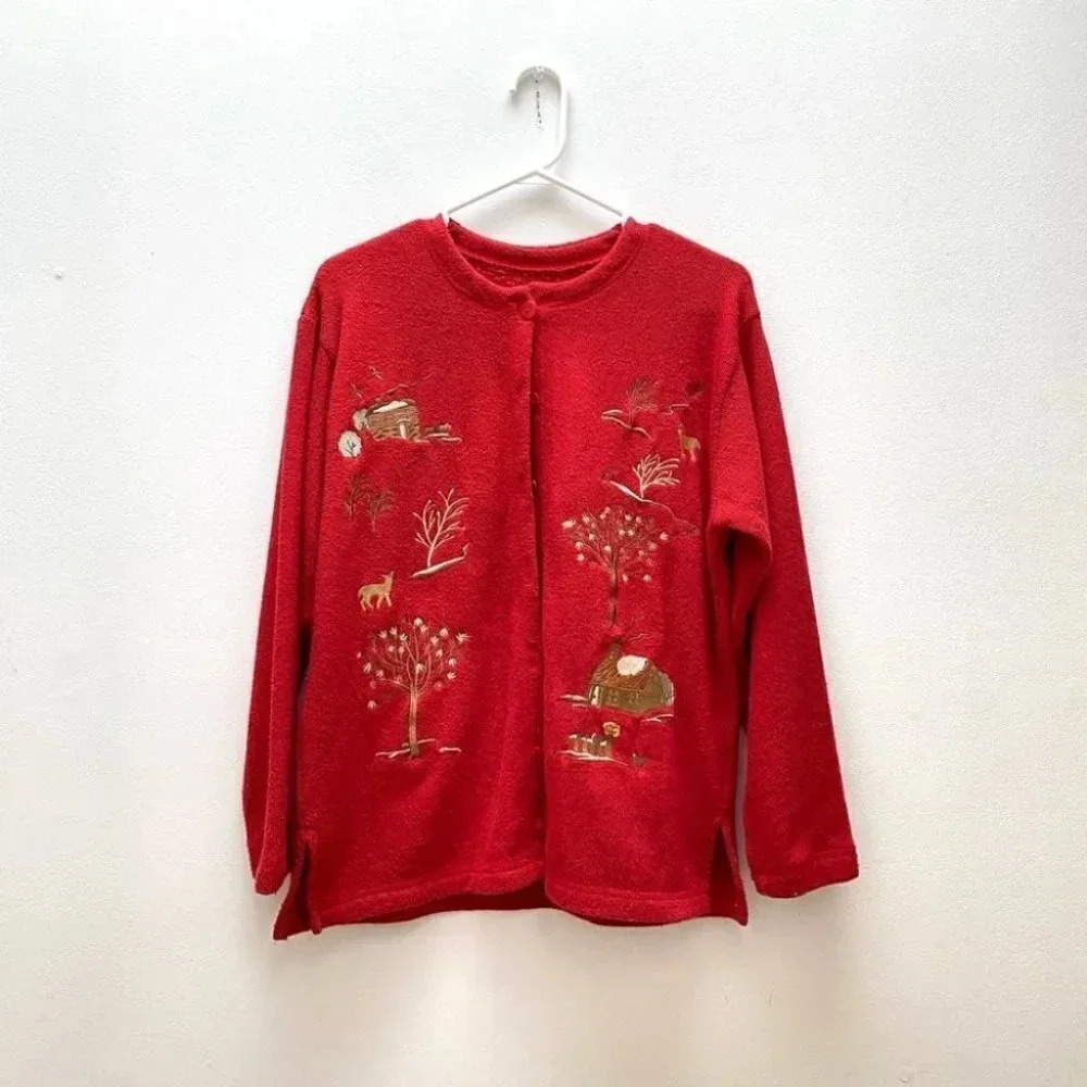 Vintage - Red Terrycloth Combed Cotton Woodland Creatures Cardigan